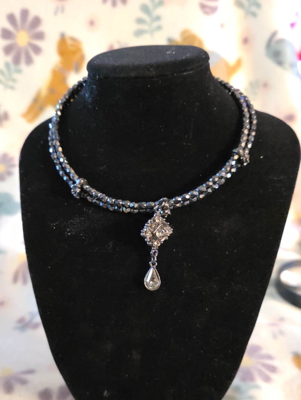Silver-Tone Hematite Beaded Choker Necklace with Teardrop Pendant
